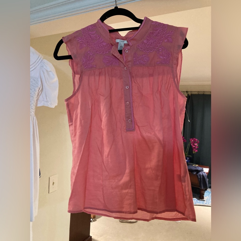 J crew size 8 pink sleeveless top with embroidery detail.